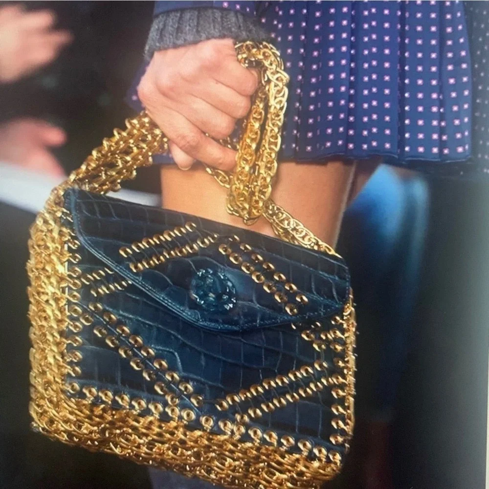 Tory Burch Shoulder Bag Womens Small Navy Croc Embossed Chainmail Gusset Runway